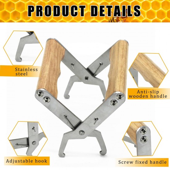 Stainless Steel Beekeeping Frame Gripper, Holder and Lifter Tool with Wooden Handle for Beekeeeper